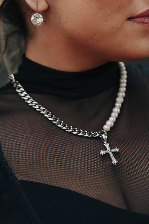 10MM CROSS X CUBAN LINK & FRESHWATER PEARL NECKLACE