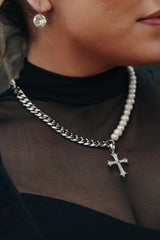 10MM CROSS X CUBAN LINK & FRESHWATER PEARL NECKLACE