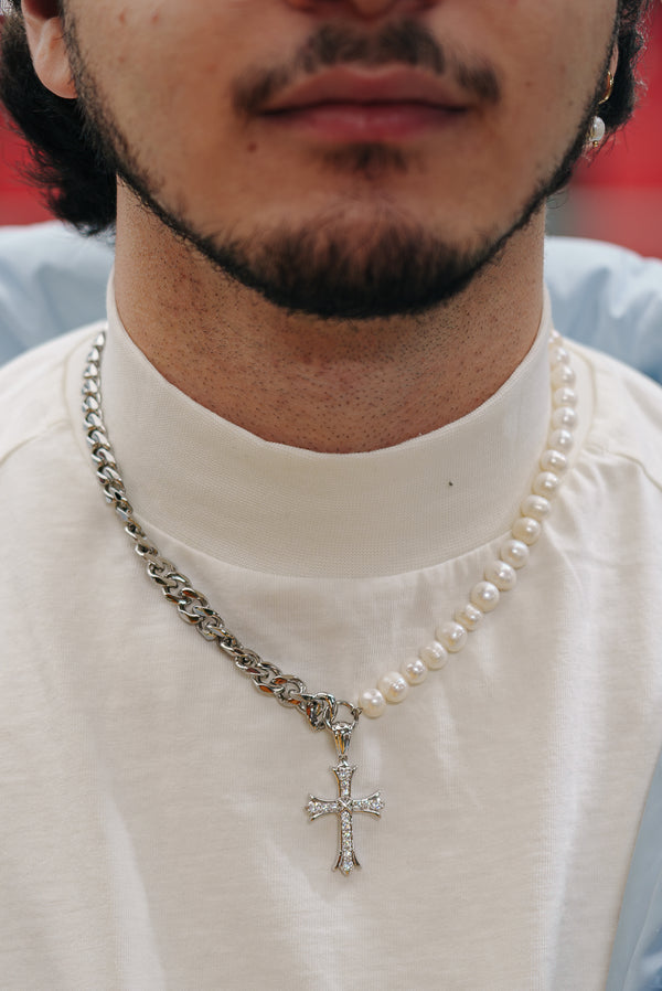 10MM CROSS X CUBAN LINK & FRESHWATER PEARL NECKLACE