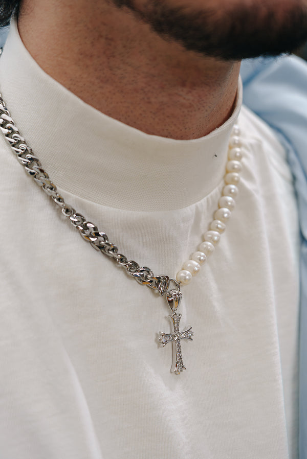 10MM CROSS X CUBAN LINK & FRESHWATER PEARL NECKLACE