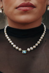 8MM FRESHWATER PEARL BLUE GEMSTONE NECKLACE - GOLD