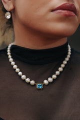 8MM FRESHWATER PEARL BLUE GEMSTONE NECKLACE - GOLD