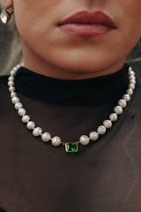 8MM FRESHWATER PEARL GREEN GEMSTONE NECKLACE - GOLD