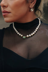 8MM FRESHWATER PEARL GREEN GEMSTONE NECKLACE - GOLD