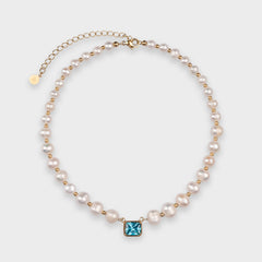 8MM FRESHWATER PEARL BLUE GEMSTONE NECKLACE - GOLD