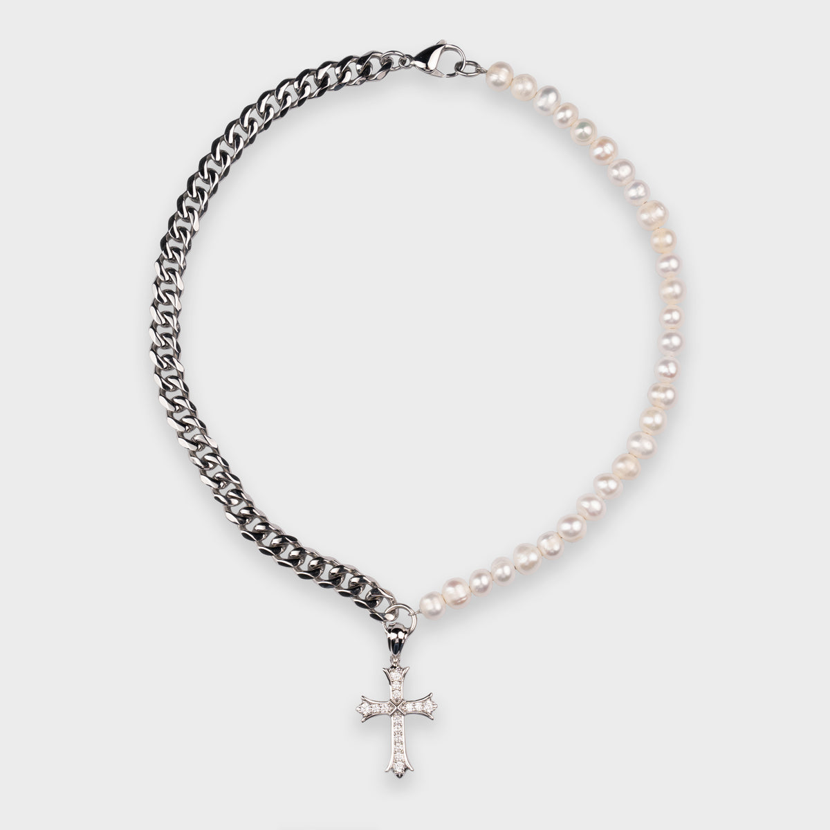 10MM CROSS X CUBAN LINK & FRESHWATER PEARL NECKLACE