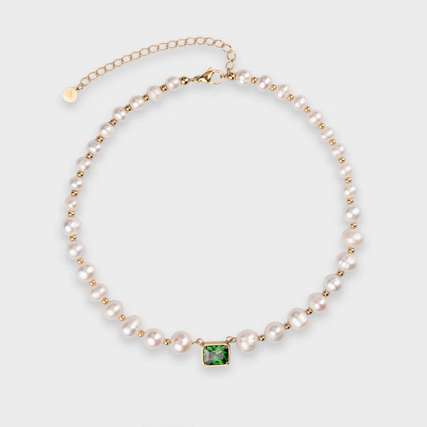 8MM FRESHWATER PEARL GREEN GEMSTONE NECKLACE - GOLD