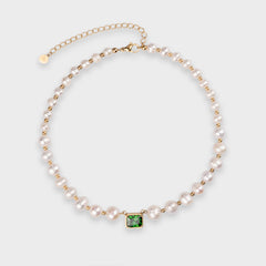 8MM FRESHWATER PEARL GREEN GEMSTONE NECKLACE - GOLD