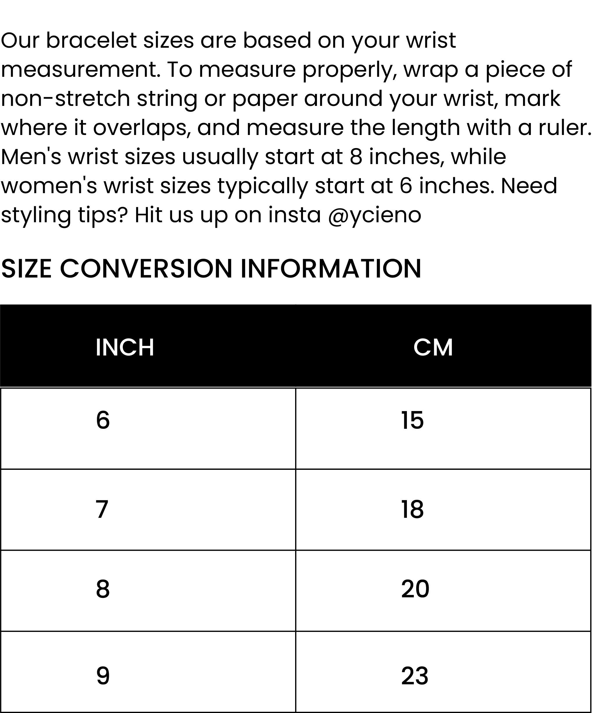 Bracelet Size Chart